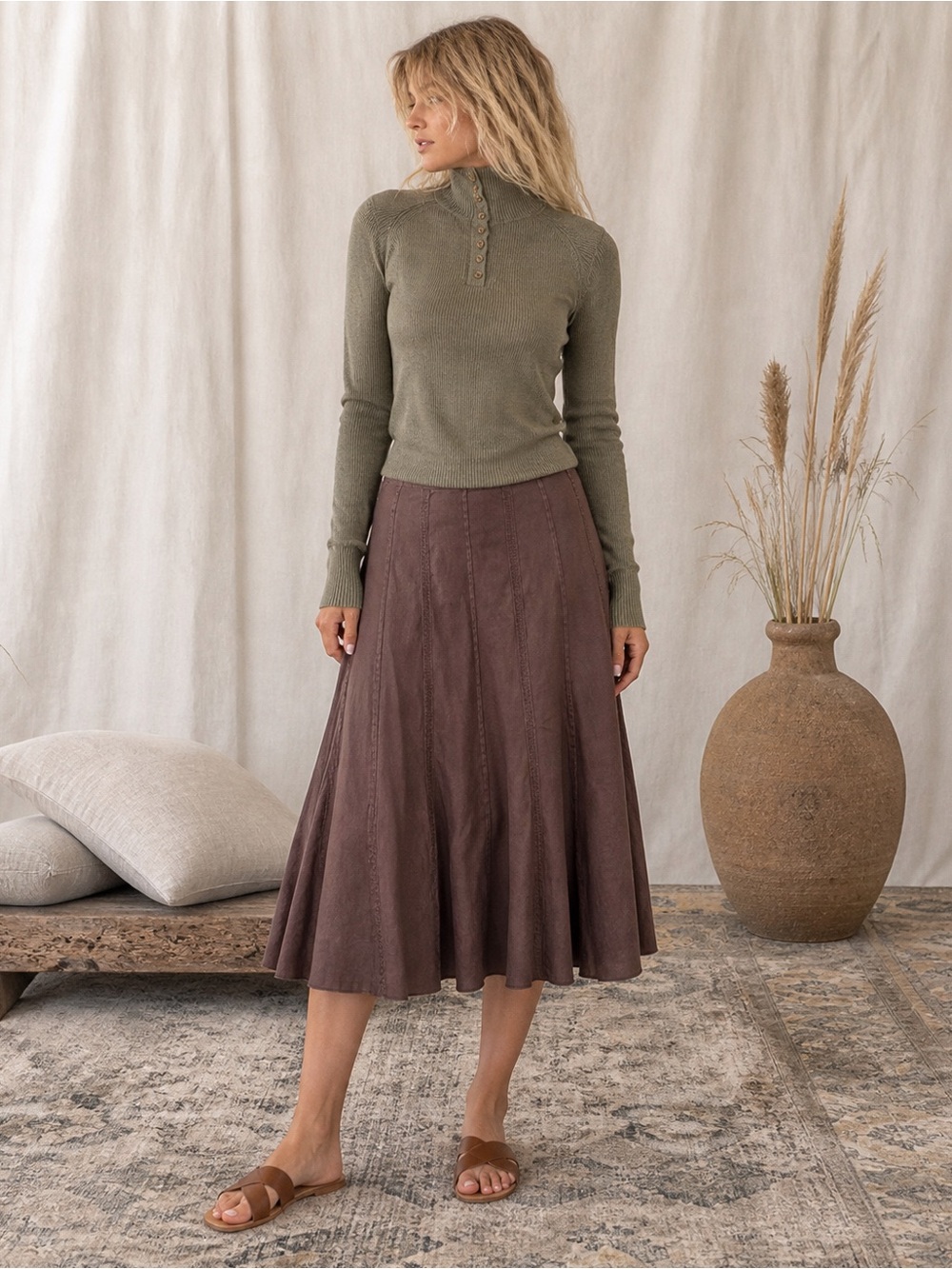 Willi Smith 100% Linen Brown Paneled Midi Skirt Size 10 M Lagenlook Coastal Luxe